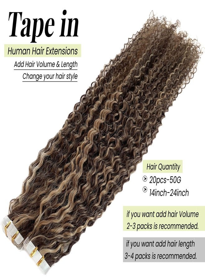 Valiilo Tape in Hair Extensions 20 Pieces 50g 22 Inch Jerry Curly Human Hair Brown to Caramel Blonde Highlights Double Sided Tape ins - Image 2